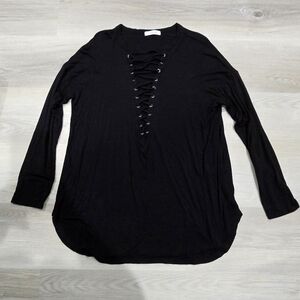 Cherish Womens Blouse Black Stretch Long Sleeve Crisscross Neck L